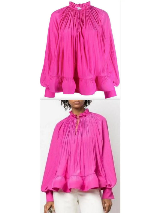 Ruffled Pleated Blouse, Pink - Branna Couture