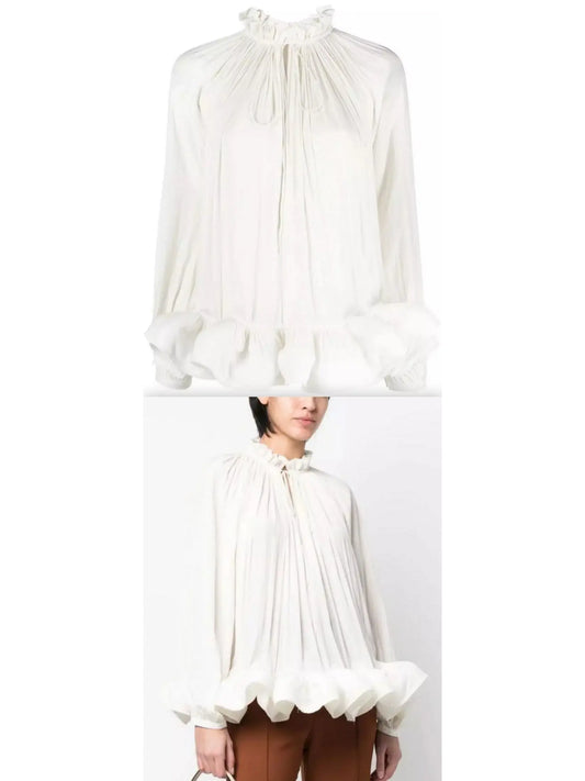 Ruffled Pleated Blouse, White - Branna Couture