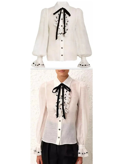 Ruffled Tie-Neck Linen and Silk Tuxedo Body Shirt - Branna Couture