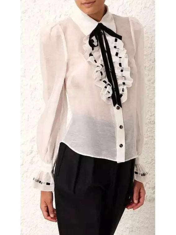 Ruffled Tie-Neck Linen and Silk Tuxedo Body Shirt - Branna Couture