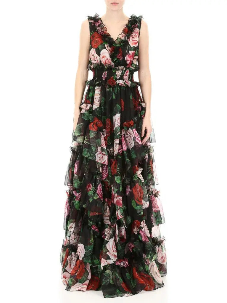 Ruffled Tiered Floral-Print Chiffon Gown In Black - Branna Couture