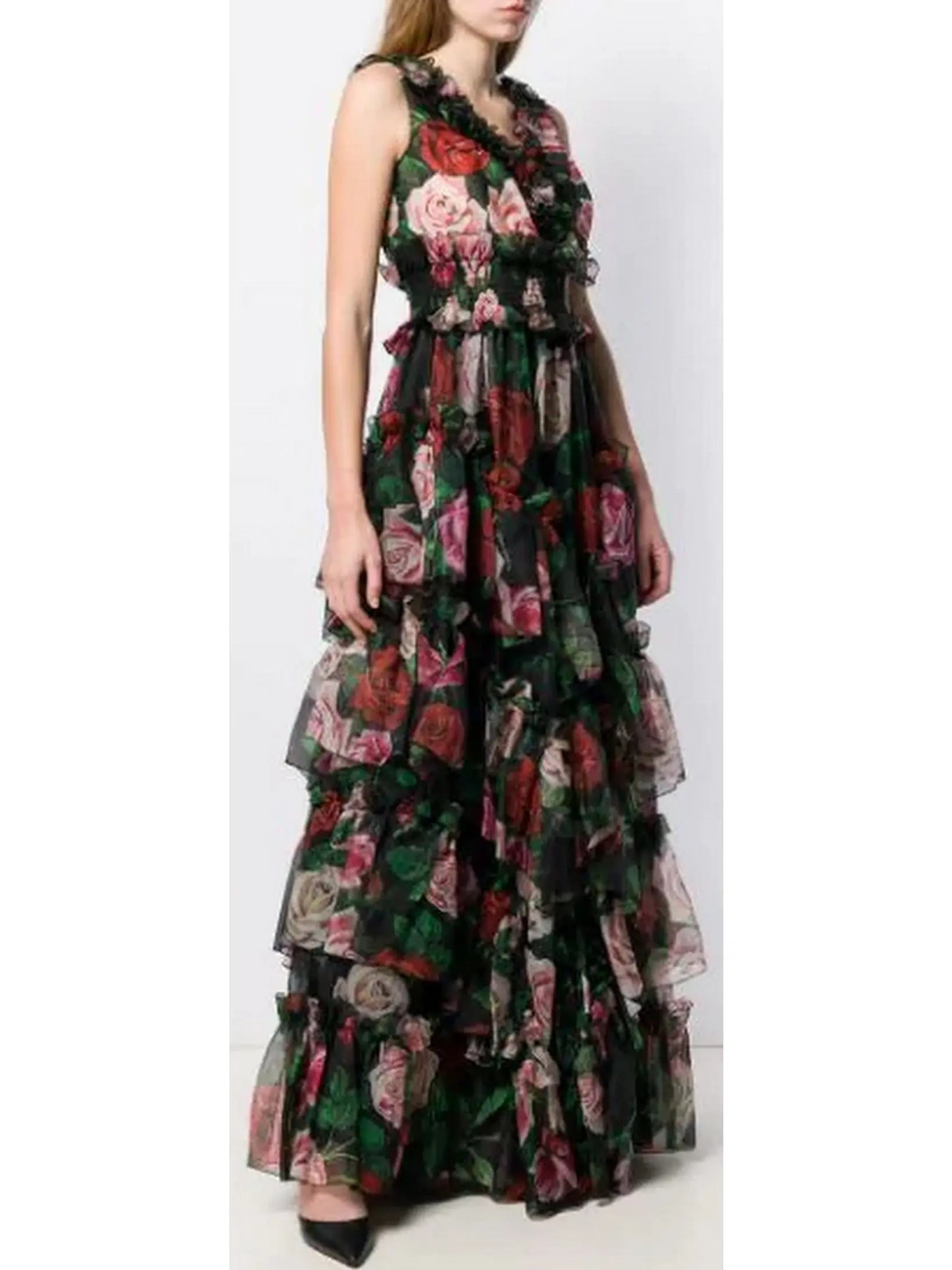 Ruffled Tiered Floral-Print Chiffon Gown In Black - Branna Couture