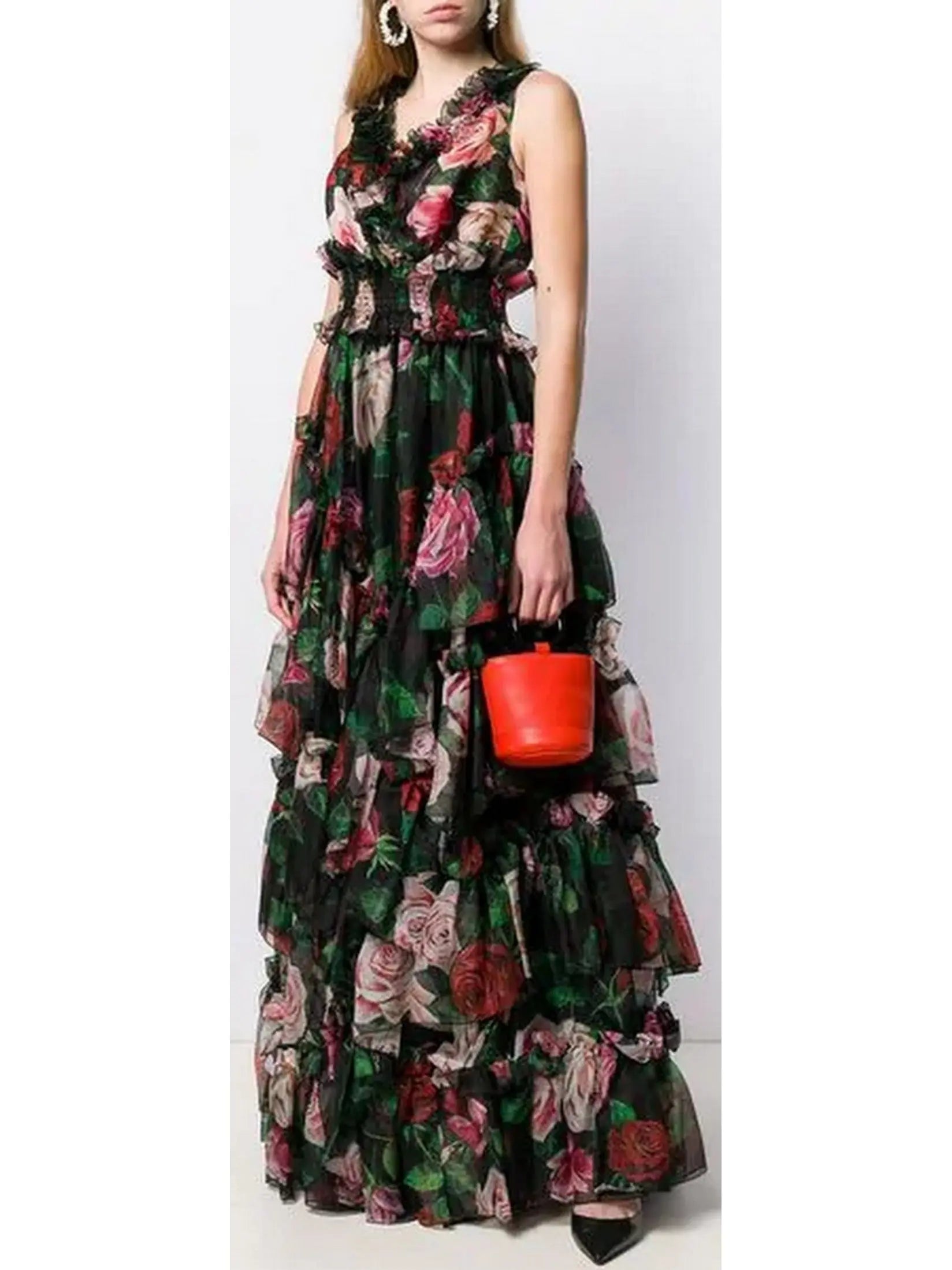 Ruffled Tiered Floral-Print Chiffon Gown In Black - Branna Couture