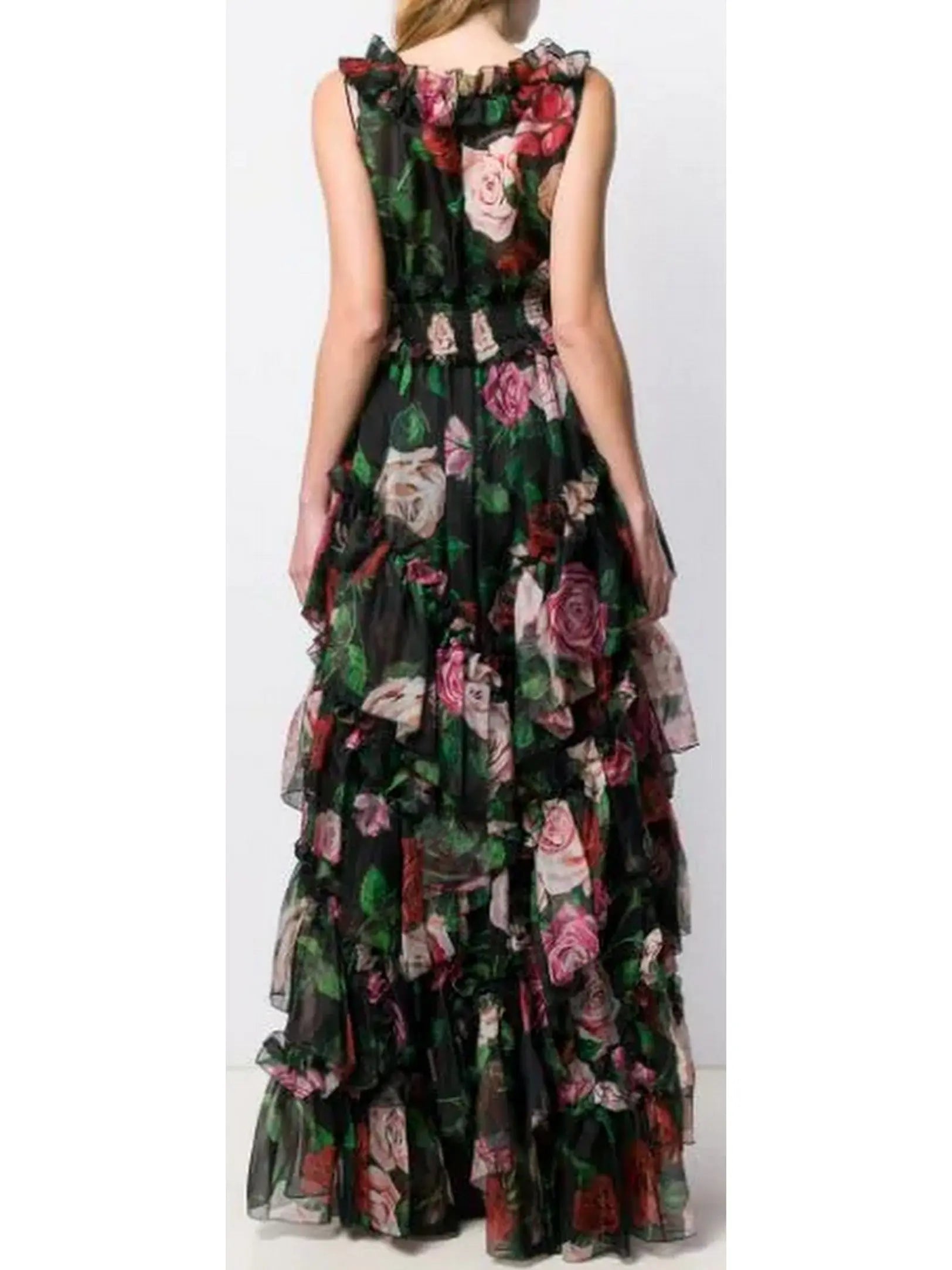 Ruffled Tiered Floral-Print Chiffon Gown In Black - Branna Couture