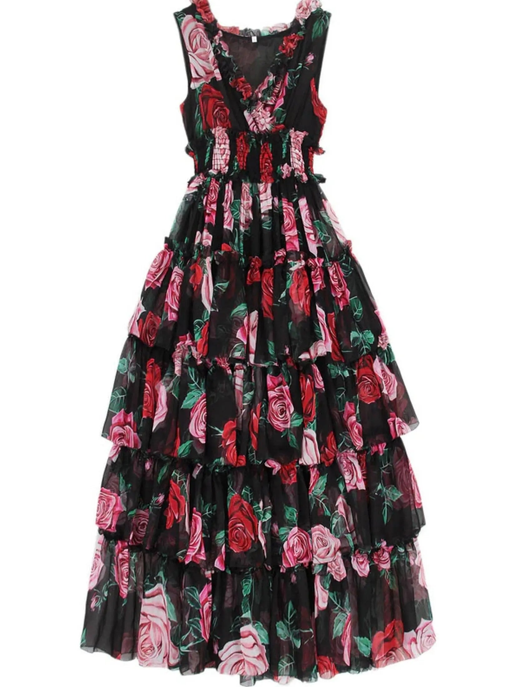 Ruffled Tiered Floral-Print Chiffon Gown In Black - Branna Couture