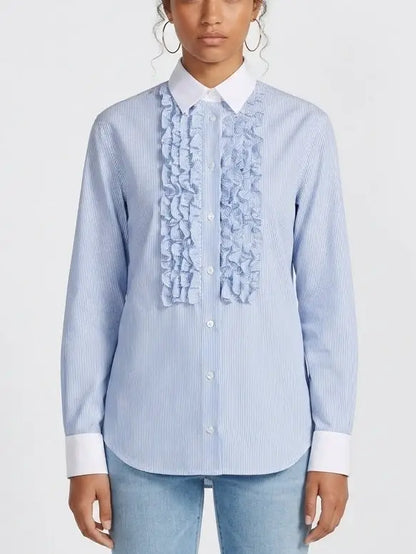 Ruffled Blue and White Striped Silk Shirt - S - Tops