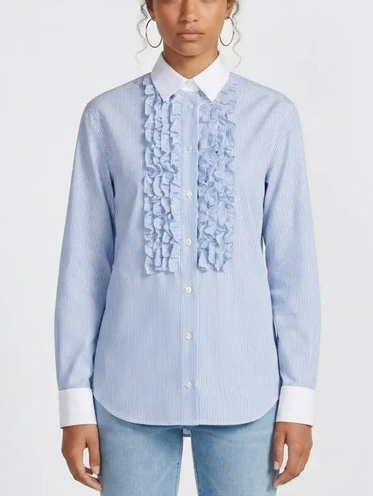 Ruffled Blue and White Striped Silk Shirt - S - Tops
