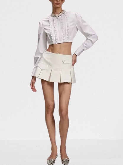 Ruffled Cropped White Shirt and Pleated Mini Skirt Set Small Suits & Sets