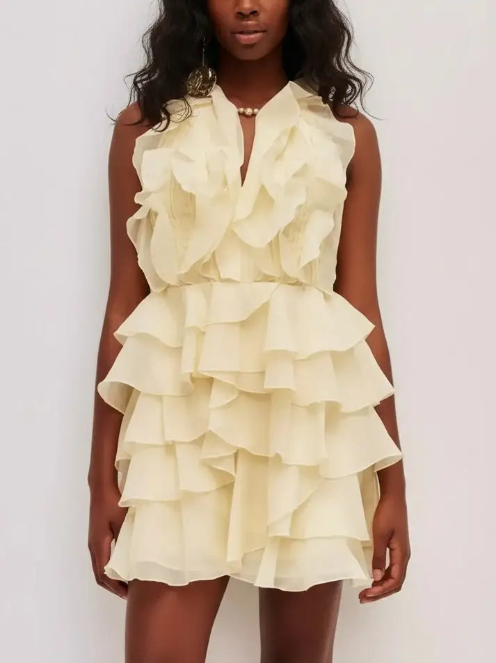 Ruffled Halter Tiered Chiffon Mini Dress - Dresses