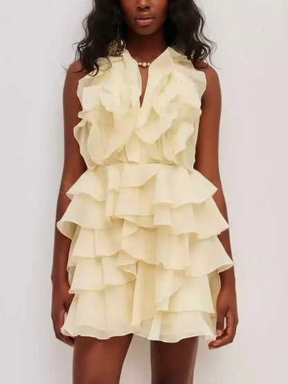 Ruffled Halter Tiered Chiffon Mini Dress - Dresses