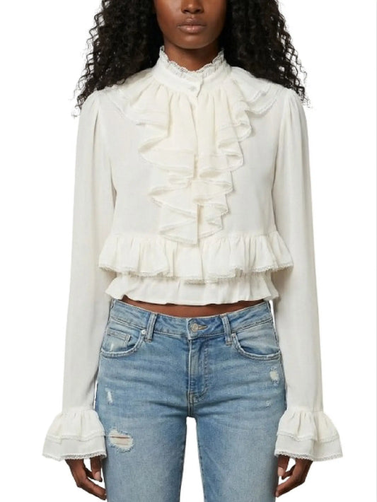 Ruffled High-Neck Lace-Trim Blouse - Small - Tops