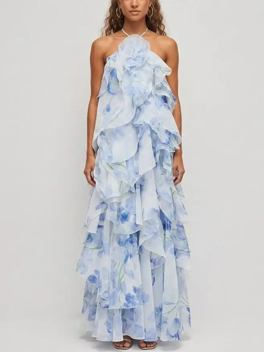 Ruffled Organza Halter Maxi Dress in Blue Floral Print - Small - Dresses