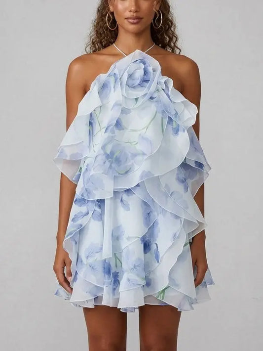 Ruffled Organza Halter Mini Dress in Blue Floral Print - Small - Dresses