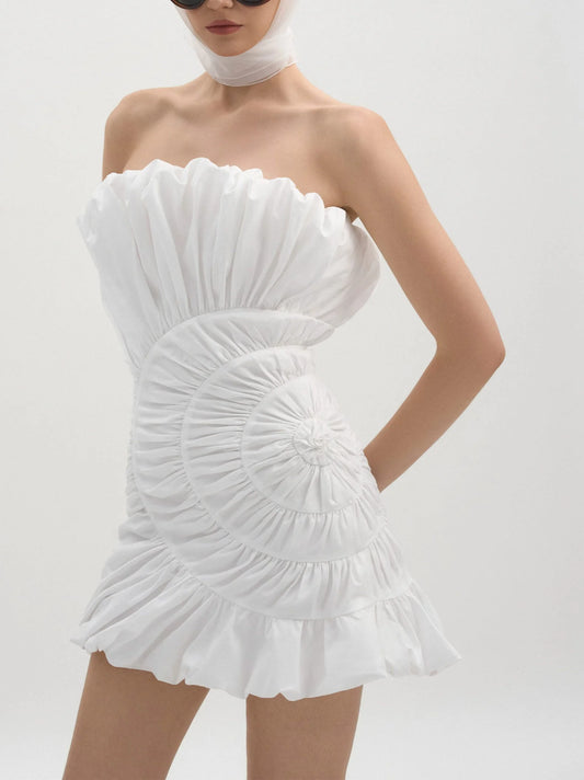 Ruffled Ruched Paneled Strapless Mini Dress Small / White Dresses