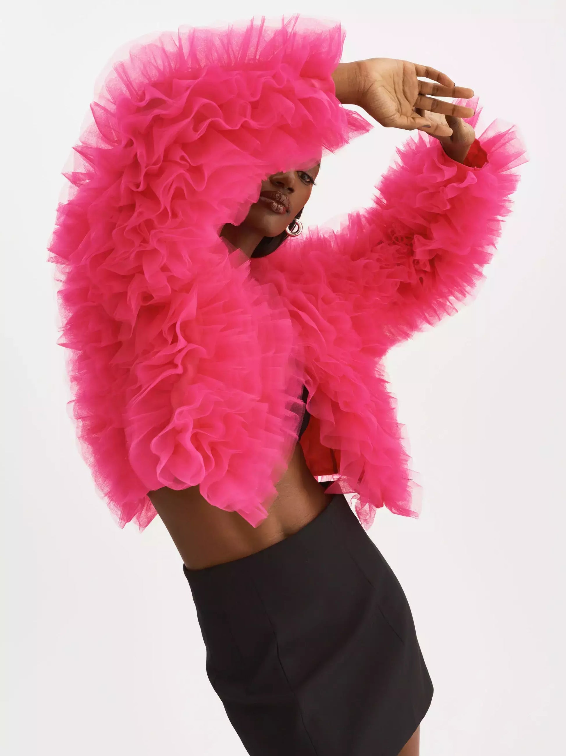 Ruffled Tulle Cropped Fuchsia Jacket Branna Couture