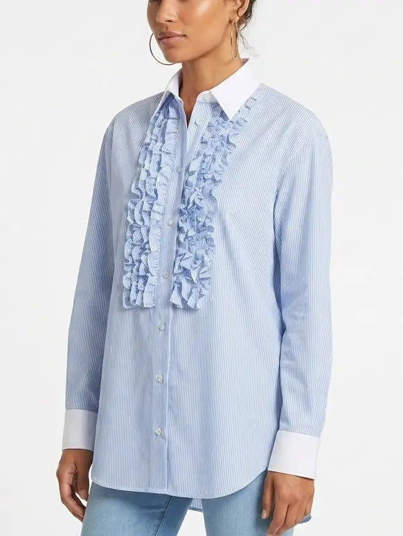 Ruffled Blue and White Striped Silk Shirt - Tops