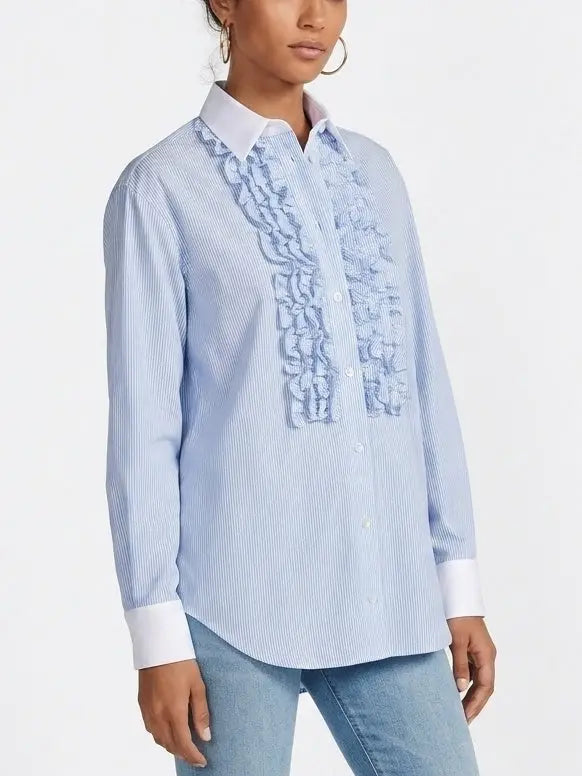 Ruffled Blue and White Striped Silk Shirt - Tops