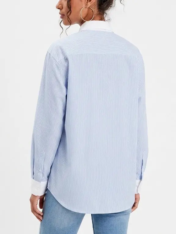 Ruffled Blue and White Striped Silk Shirt - Tops