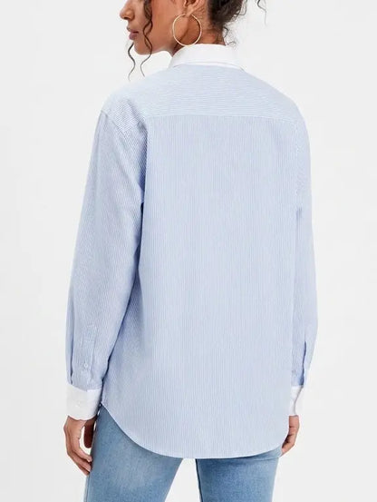 Ruffled Blue and White Striped Silk Shirt - Tops