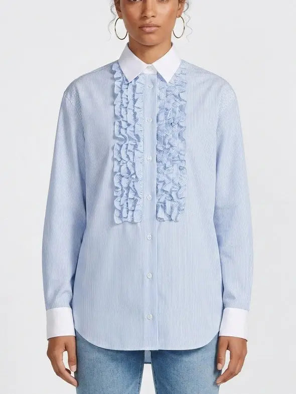 Ruffled Blue and White Striped Silk Shirt - Tops