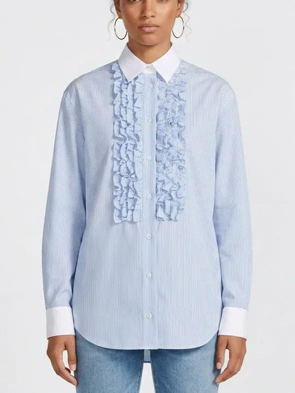 Ruffled Blue and White Striped Silk Shirt - Tops