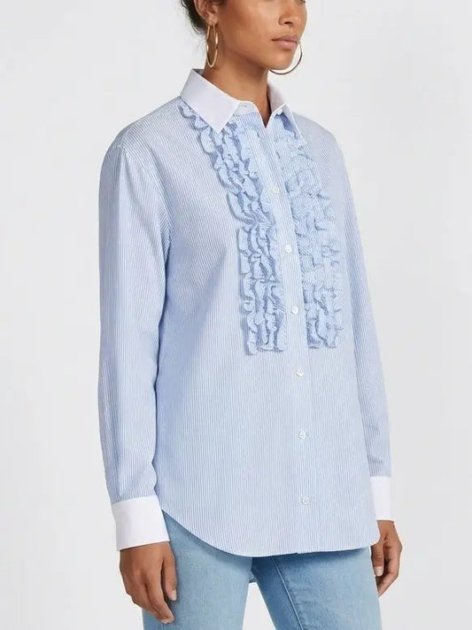 Ruffled Blue and White Striped Silk Shirt - Tops