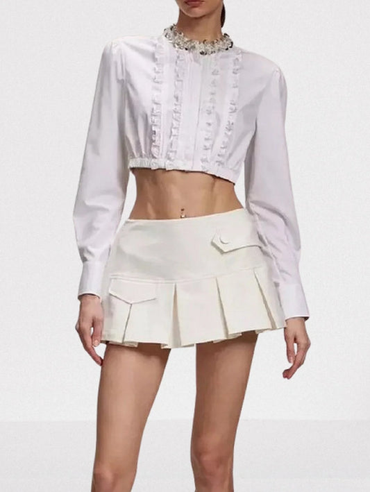 Ruffled Cropped White Shirt and Pleated Mini Skirt Set Suits & Sets