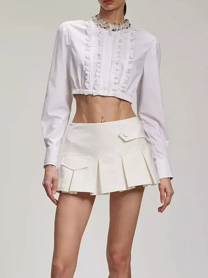 Ruffled Cropped White Shirt and Pleated Mini Skirt Set Suits & Sets