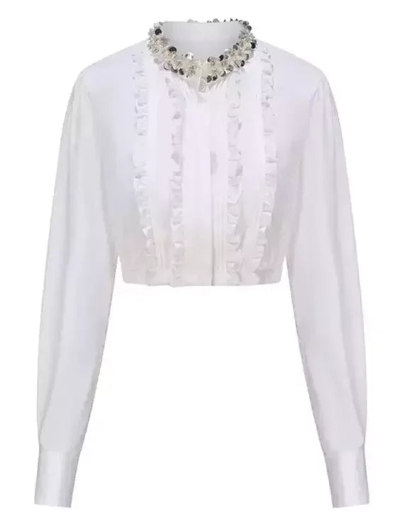 Ruffled Cropped White Shirt and Pleated Mini Skirt Set Suits & Sets