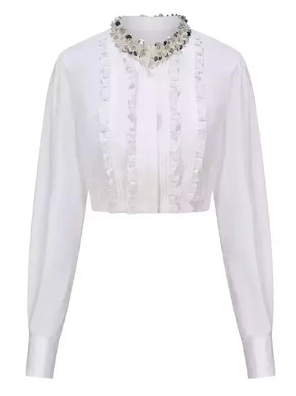Ruffled Cropped White Shirt and Pleated Mini Skirt Set Suits & Sets