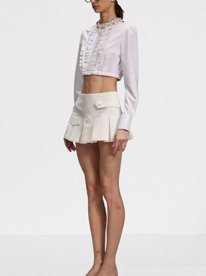 Ruffled Cropped White Shirt and Pleated Mini Skirt Set Suits & Sets