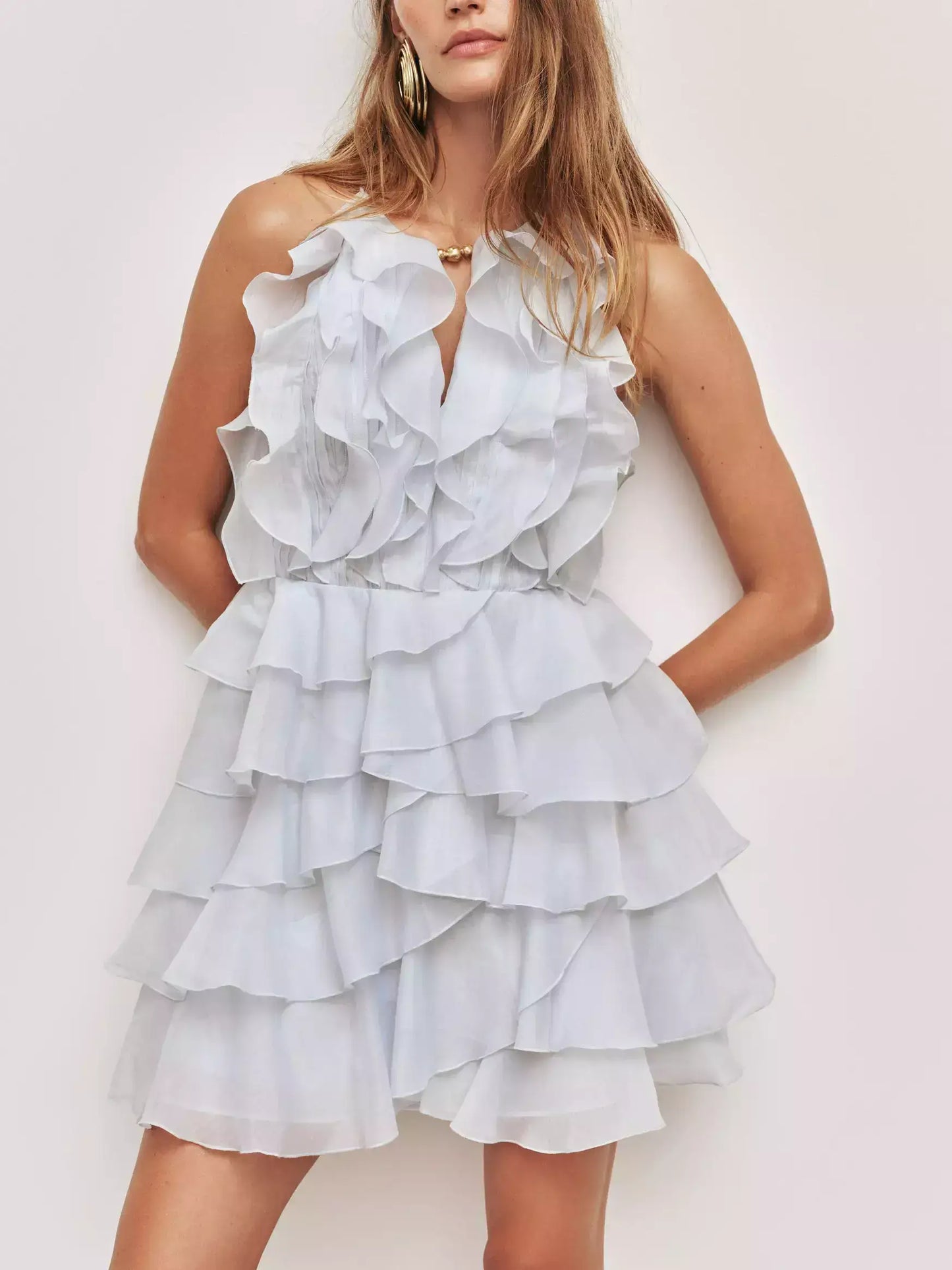 Ruffled Halter Tiered Chiffon Mini Dress - S / Pale Blue - Dresses