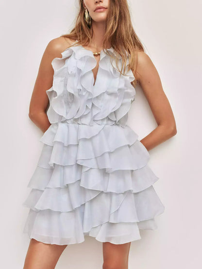 Ruffled Halter Tiered Chiffon Mini Dress - S / Pale Blue - Dresses