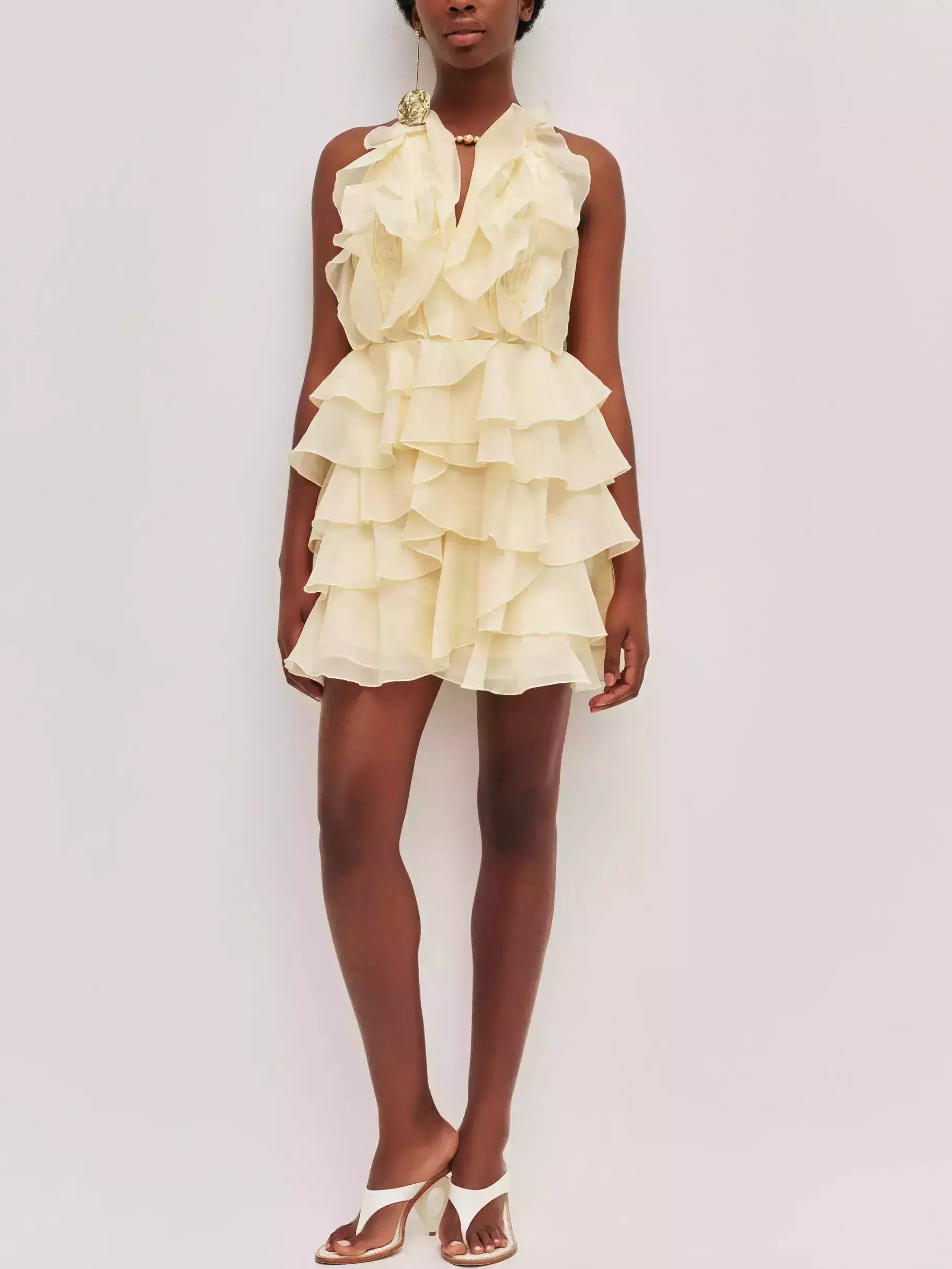 Ruffled Halter Tiered Chiffon Mini Dress - Dresses