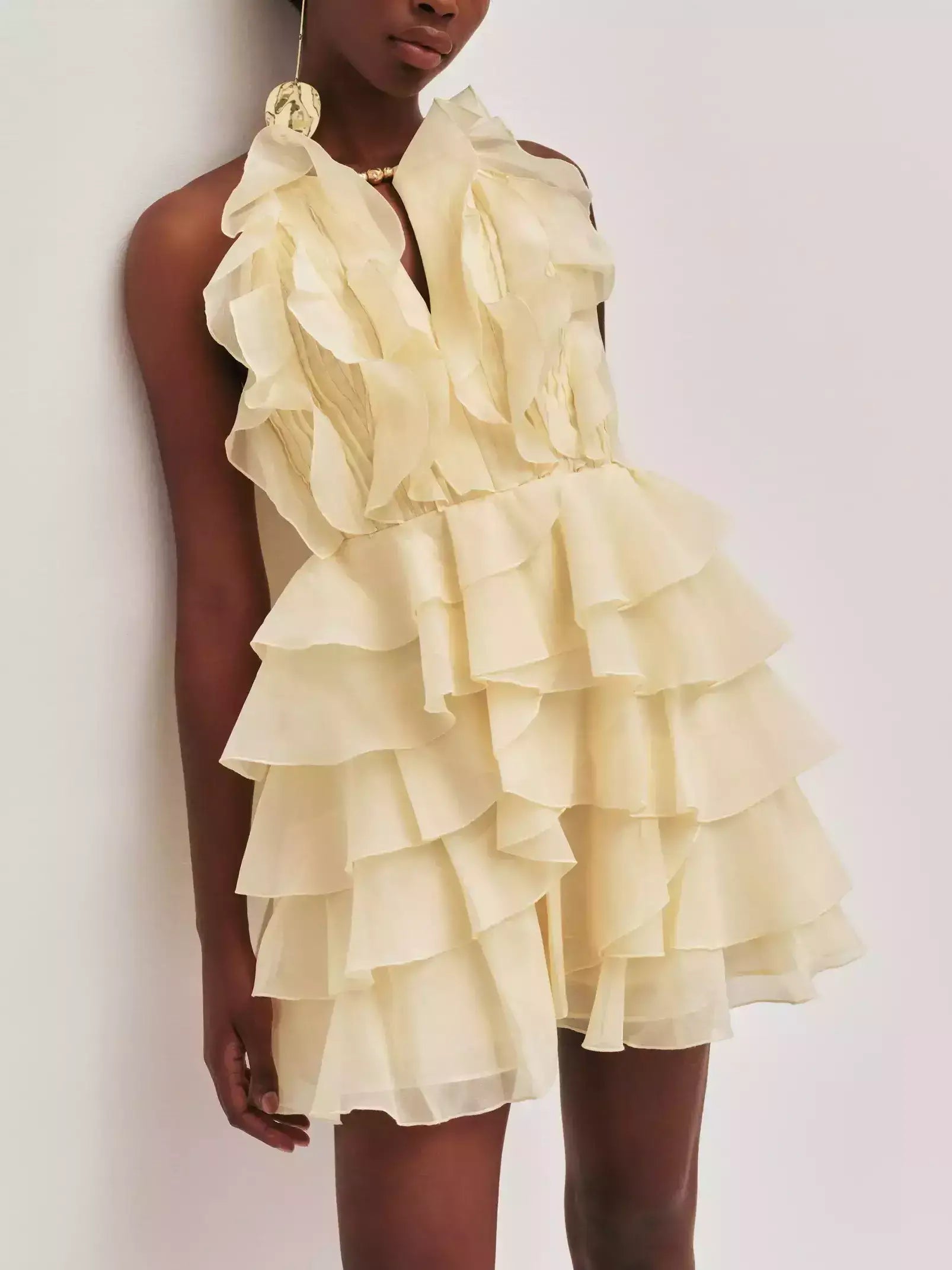 Ruffled Halter Tiered Chiffon Mini Dress - Dresses