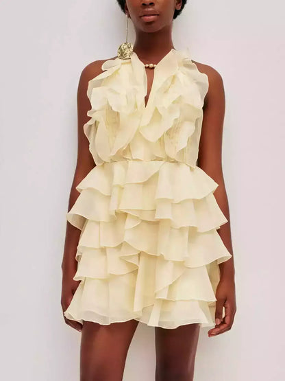 Ruffled Halter Tiered Chiffon Mini Dress - Dresses