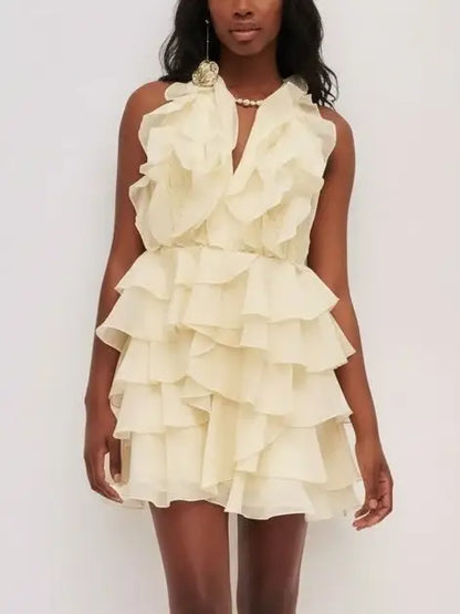 Ruffled Halter Tiered Chiffon Mini Dress - Dresses