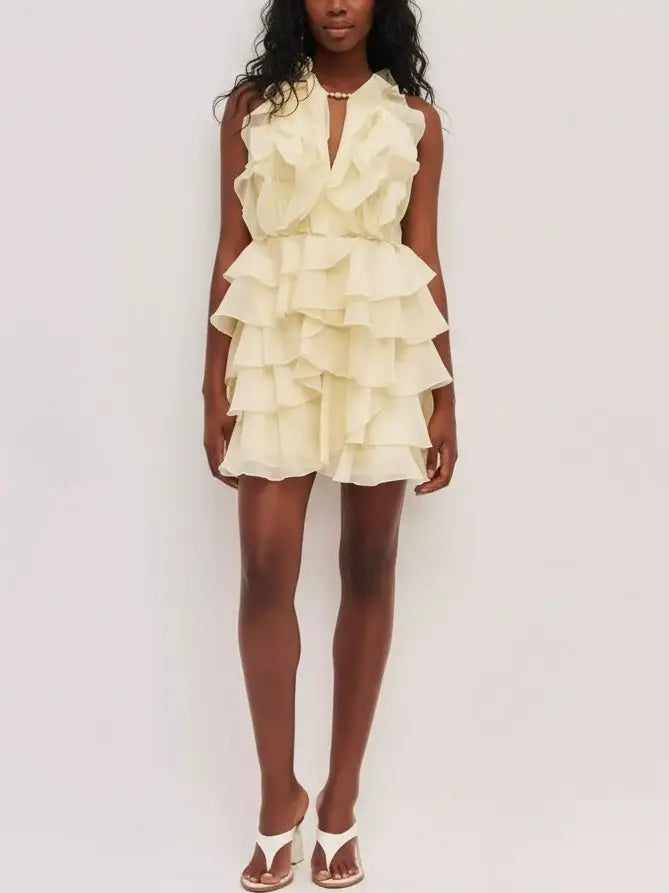 Ruffled Halter Tiered Chiffon Mini Dress - Dresses