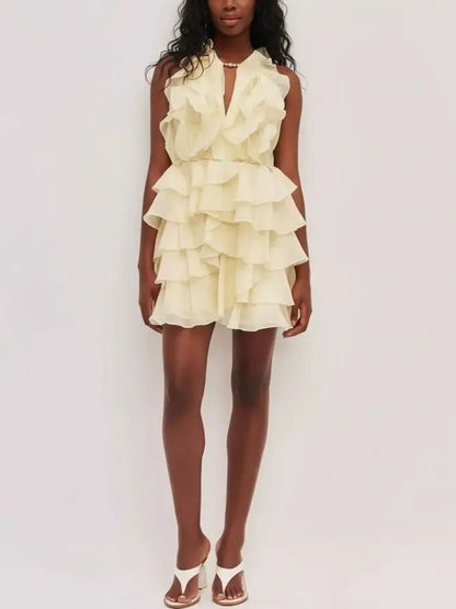 Ruffled Halter Tiered Chiffon Mini Dress - Dresses