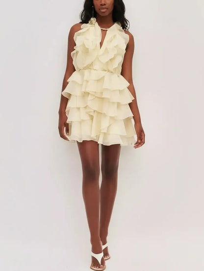 Ruffled Halter Tiered Chiffon Mini Dress - Dresses