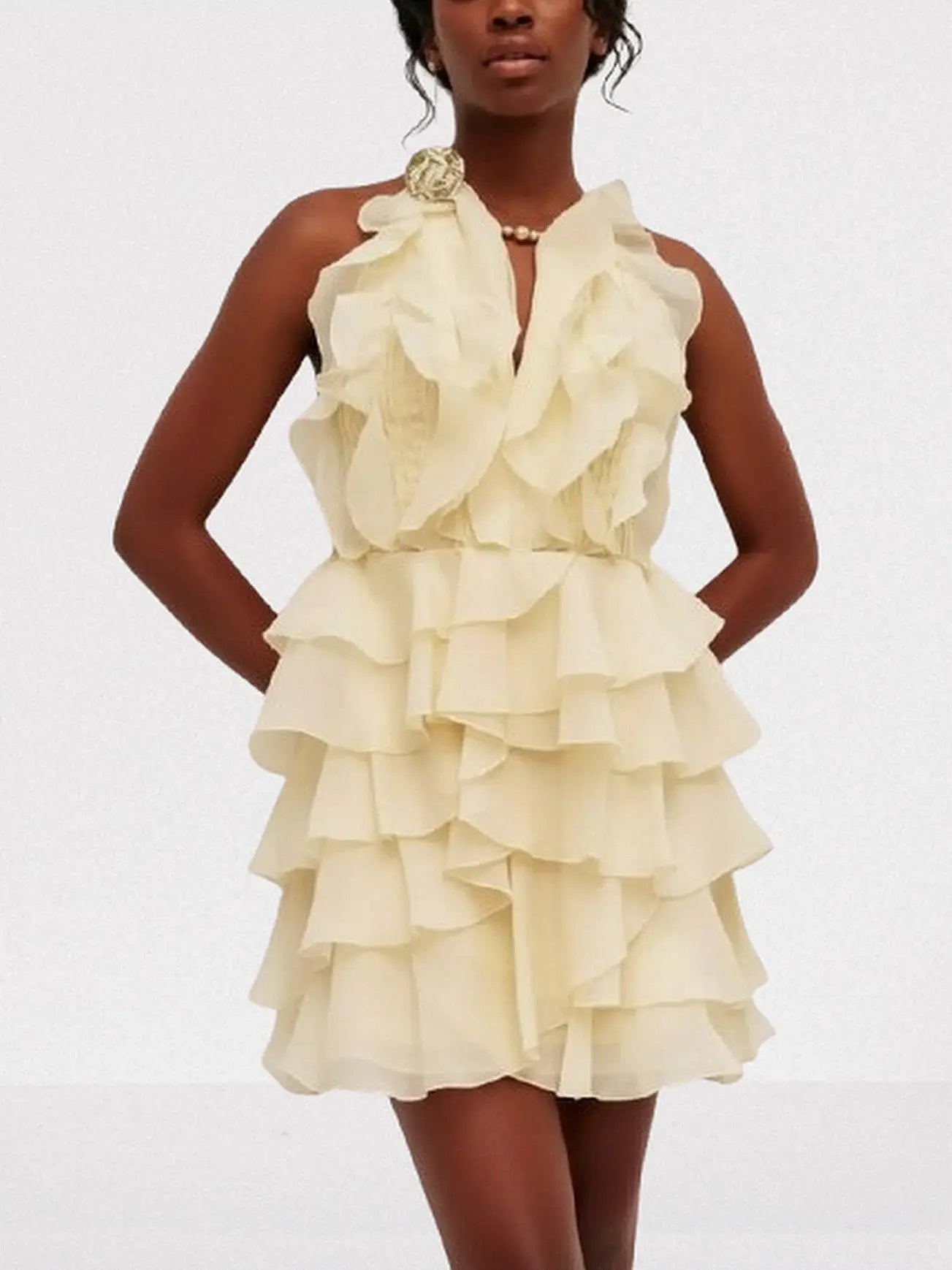 Ruffled Halter Tiered Chiffon Mini Dress - S / Pale Yellow - Dresses