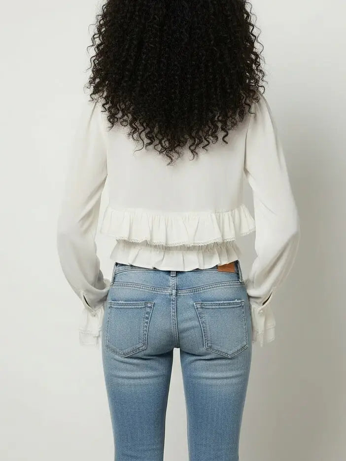 Ruffled High-Neck Lace-Trim Blouse - Tops