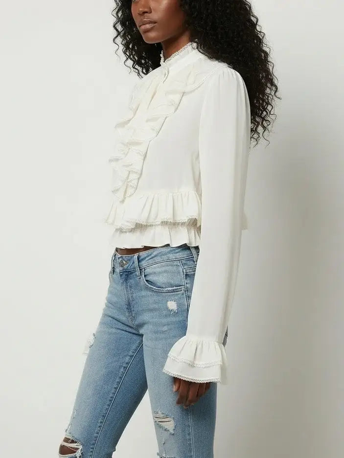 Ruffled High-Neck Lace-Trim Blouse - Tops