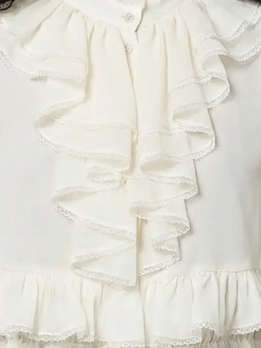 Ruffled High-Neck Lace-Trim Blouse - Tops