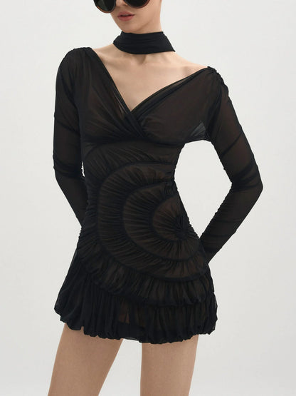 Ruffled Mesh Long-Sleeve Mini Dress - XS / Black - Dresses