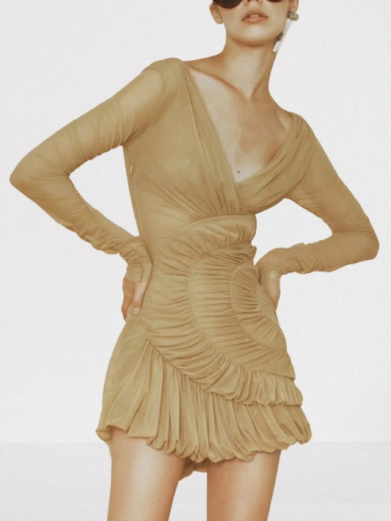 Ruffled Mesh Long-Sleeve Mini Dress - Dresses
