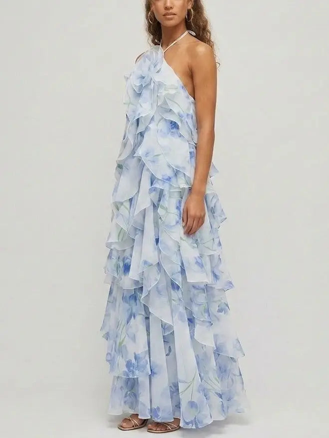 Ruffled Organza Halter Maxi Dress in Blue Floral Print - Dresses