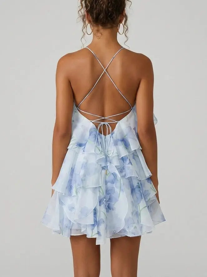 Ruffled Organza Halter Mini Dress in Blue Floral Print - Dresses