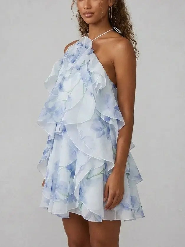 Ruffled Organza Halter Mini Dress in Blue Floral Print - Dresses