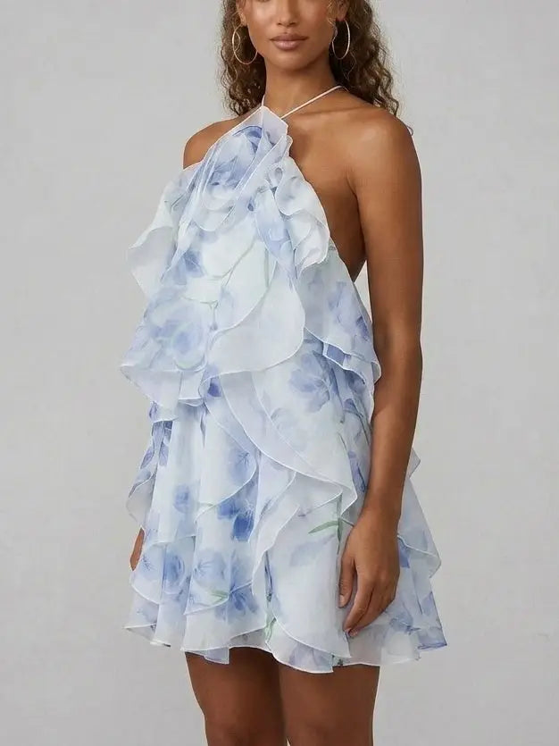 Ruffled Organza Halter Mini Dress in Blue Floral Print - Dresses